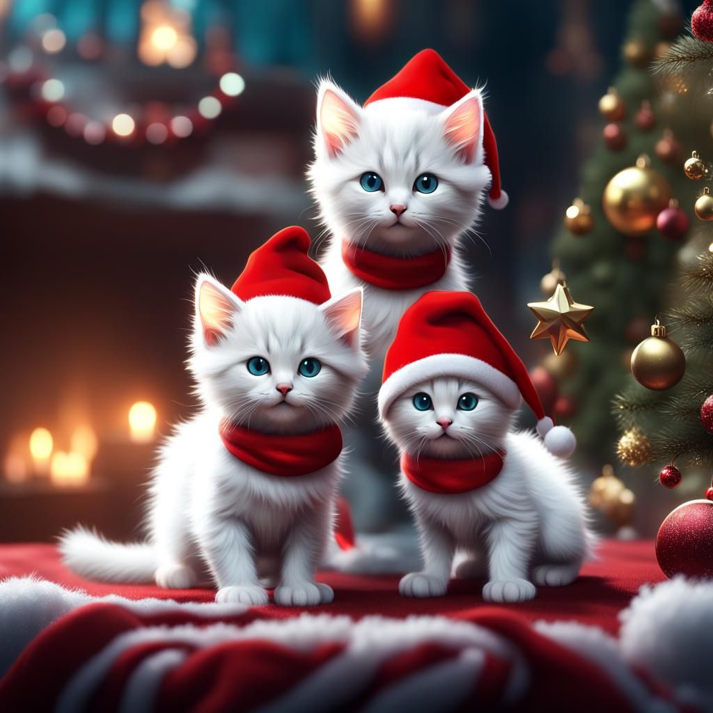 white fluffy kittens with christmas hats, sparkly scarft