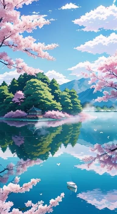 A ,BEAUTIFUL  LAKE, WITH A SAILBOAT ON THE LAKE,CENTERED, BL...