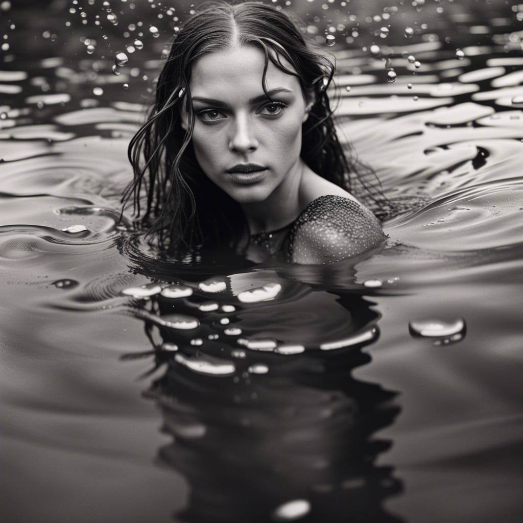 a black and white photo of a woman in the water, mert and marcus, drops ...