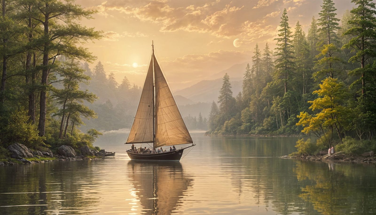 A sailboat with its sails up on a calm lake, at medium distance from the camera, revealing the silhouettes ...  by @Carlos