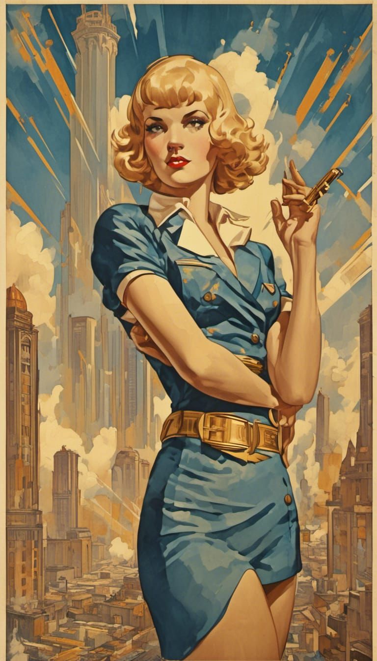 <lora:Art Deco:1.0> Futurist 1930s magazine cover with an en...