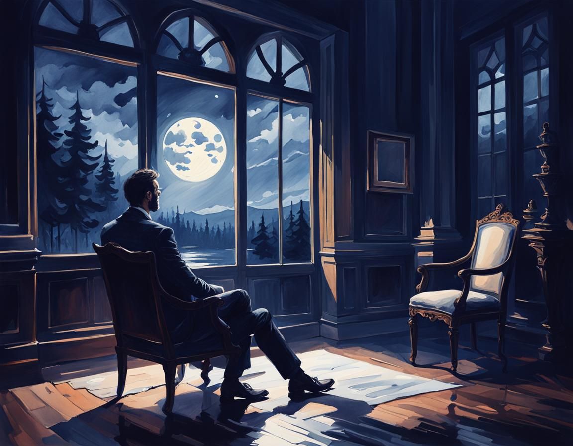 Moonlit Night: Watercolor Painting of a Man in Chair