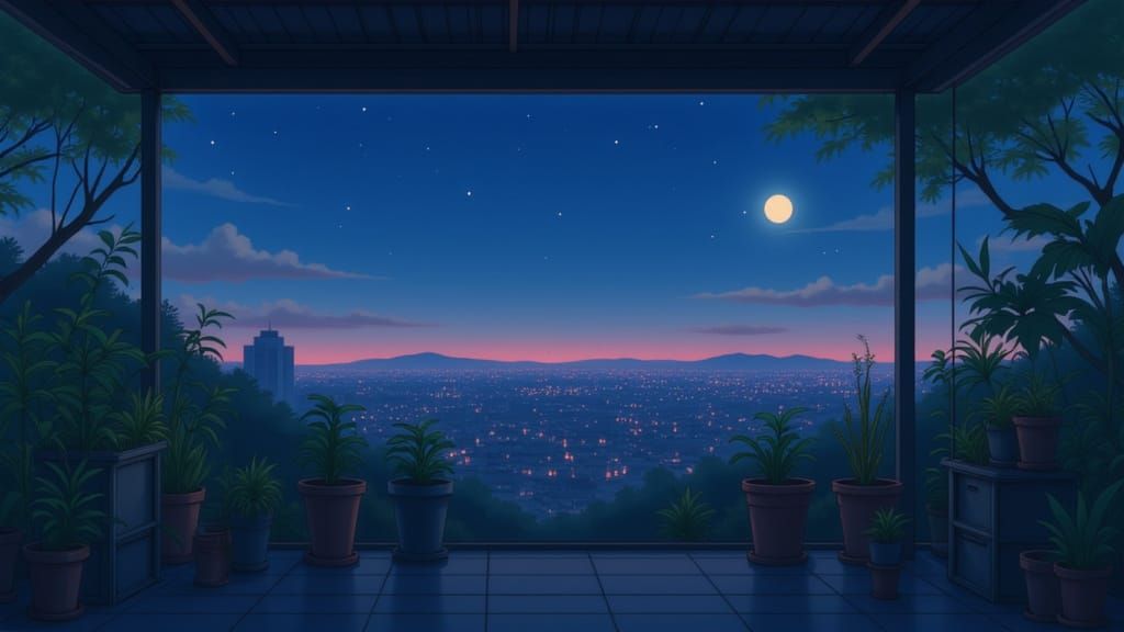 Small rooftop garden at night, potted plants swaying gently in the breeze, distant neon lights on the horizon, dreamy stylized anime art, so...