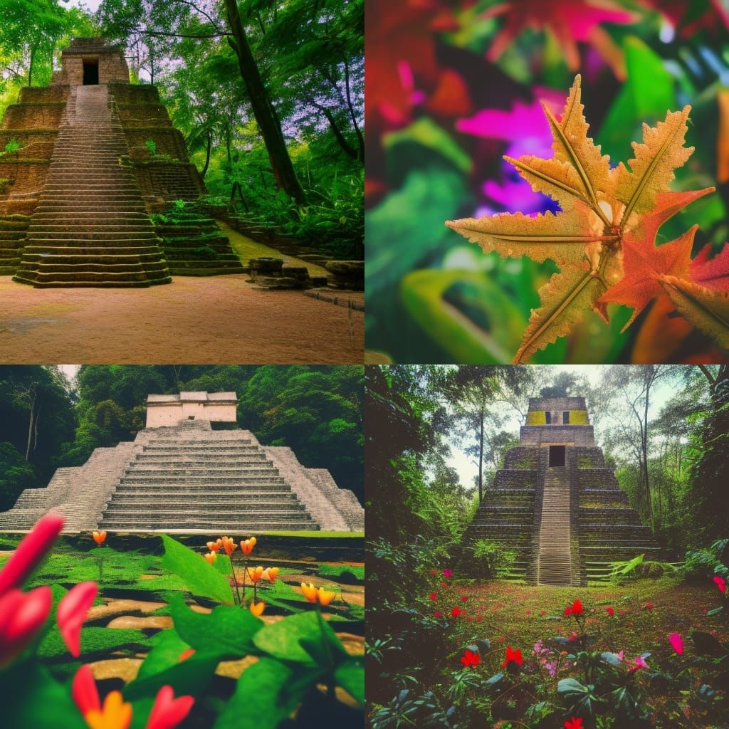 Mayan temple in the jungle flowers for spring, warm sunshine...