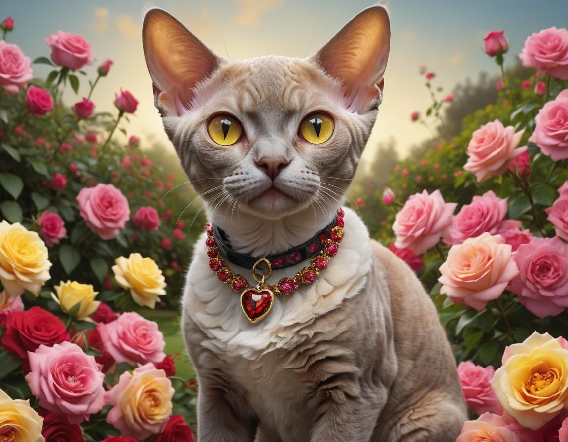Devon rex cat in a beautiful english rose garden