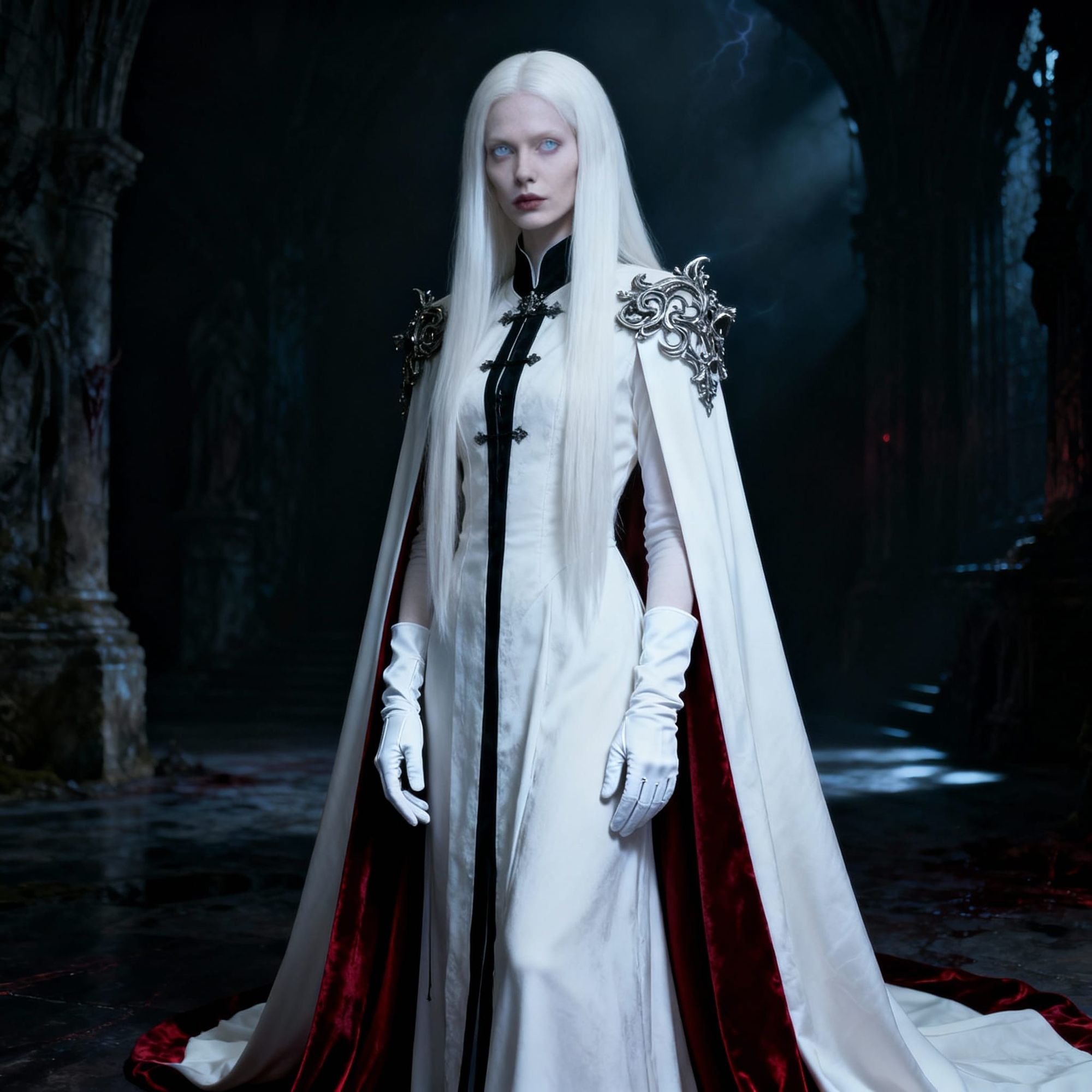 A pale-skinned albino vampire woman with an ethereal and unsettling elegance stands in a dimly lit gothic chamber. Her porcelain-white skin ...