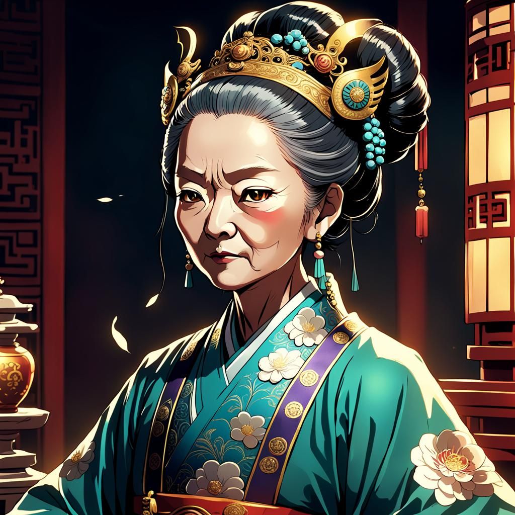 (ancient china) older empress dowager
 Masterpiece, Best Quality, flat, Manga Scan, Anime, cinematic lighting, drawn Art...