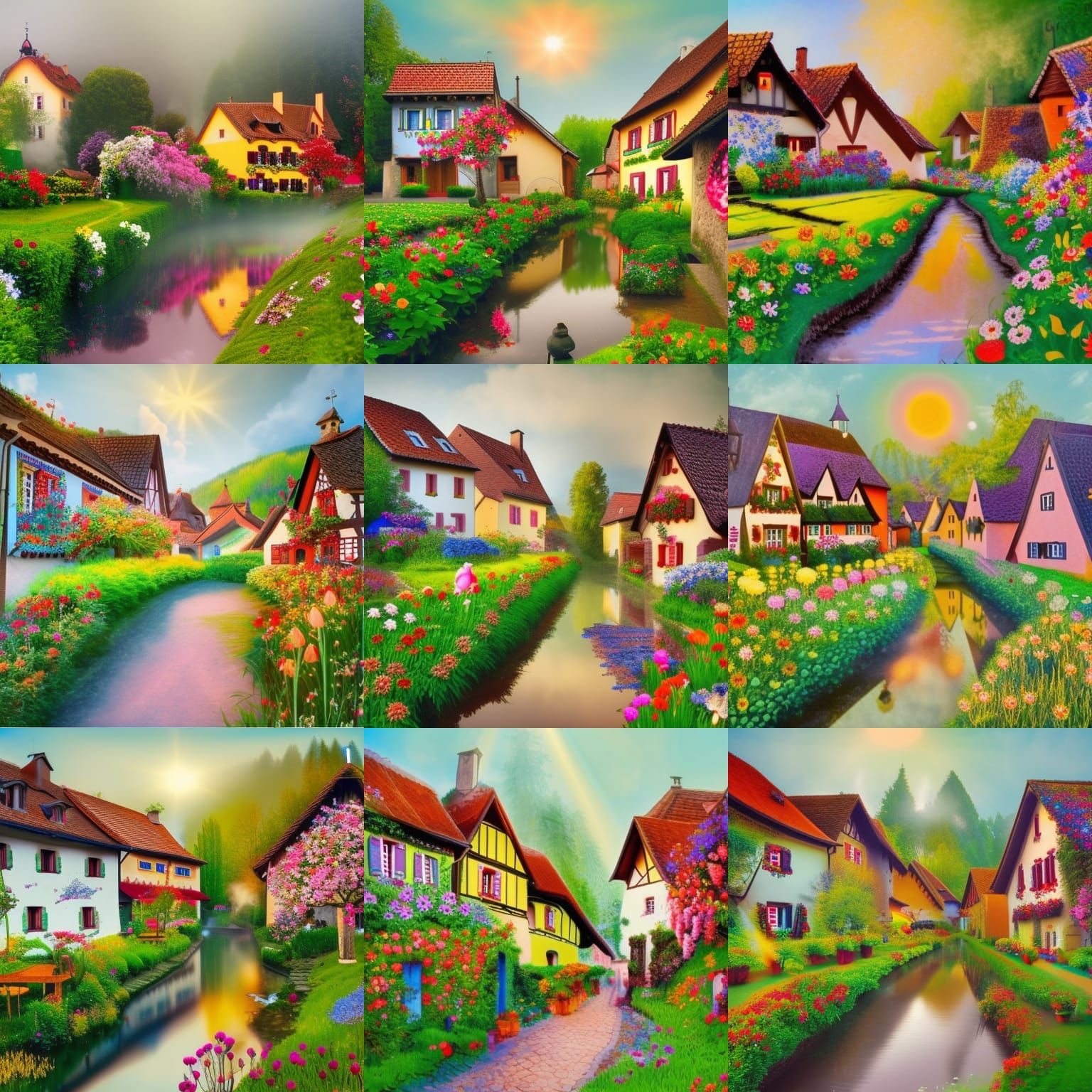 Alsatian village, traditional village, naïve style, naïve ar...