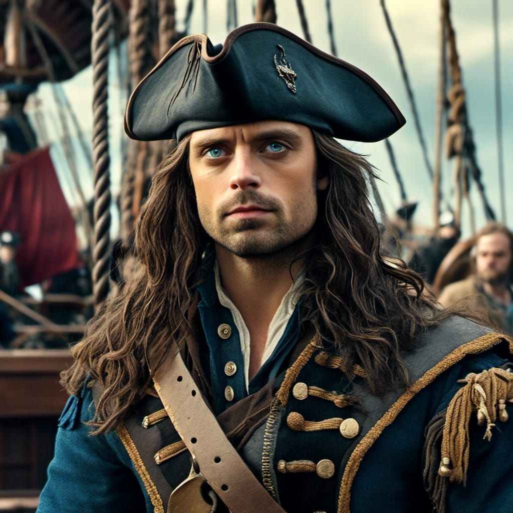 ""Sebastian Stan as a pirate, on a ship with longer hair, he...