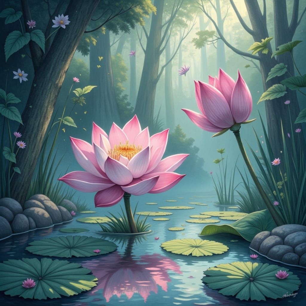  <lora:Japan-esque:1.0> Blooming lotus on tranquil lake