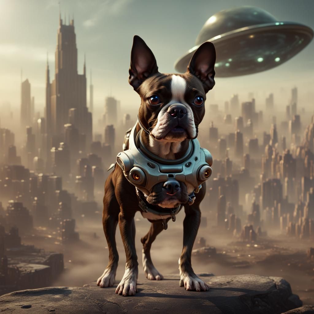 brown boston terrier in an alien invasion - AI Generated Artwork ...