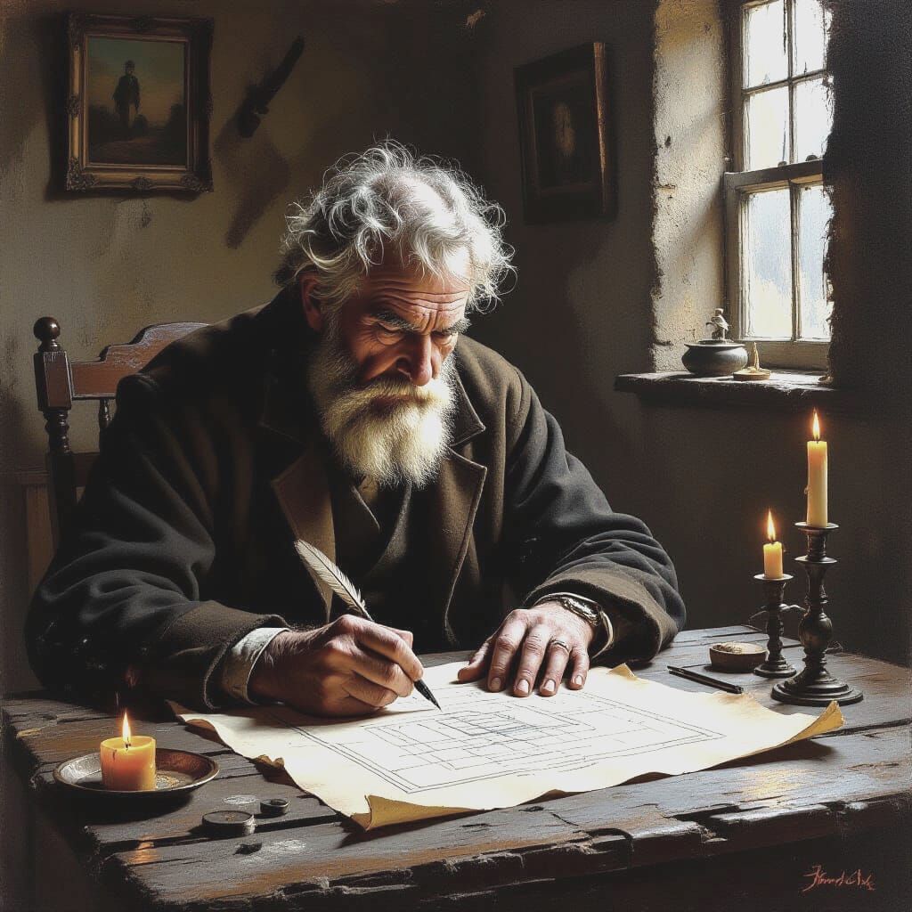 Old Man Drawing Blueprint in Dim Candlelight, Impasto Style