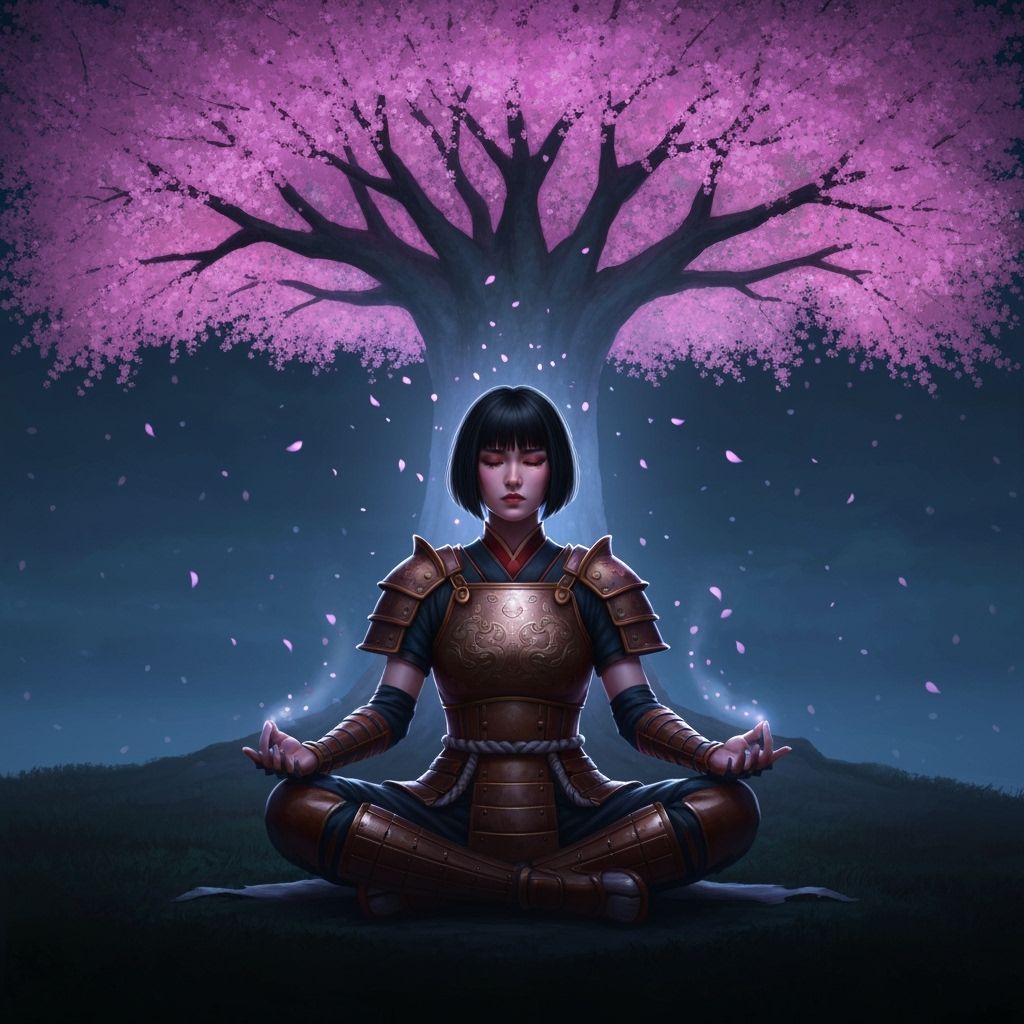 Onna-Bugeisha Meditating Under Bioluminescent Cherry Blossom...