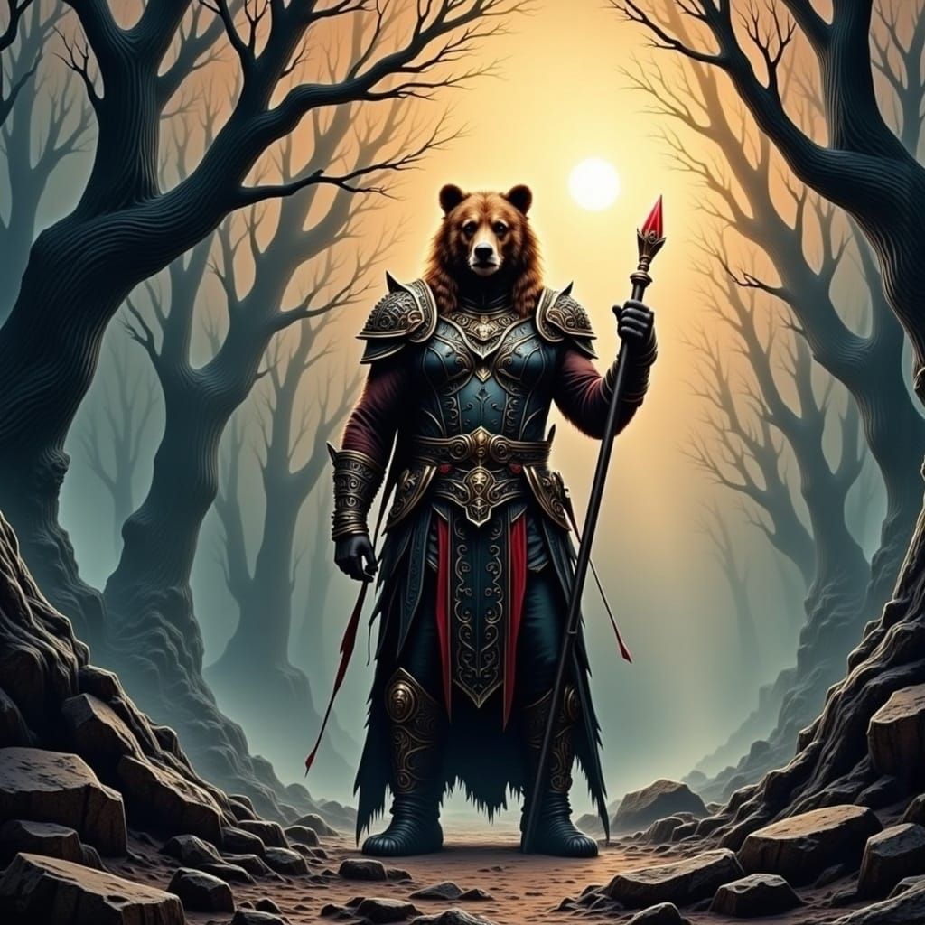  <lora:B-n-W Flux:1.0> bear warrior / ;&w background