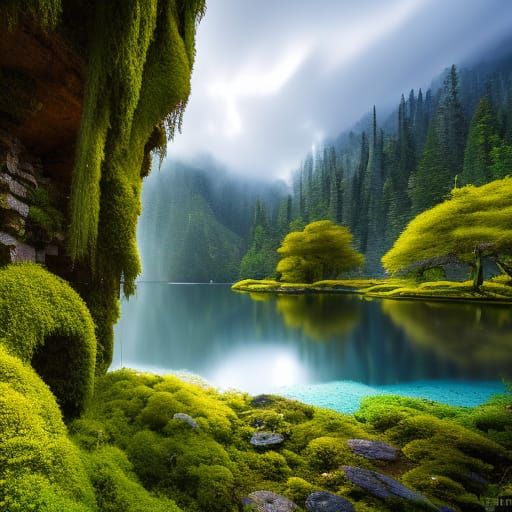 Mossy lake shore - AI Generated Artwork - NightCafe Creator