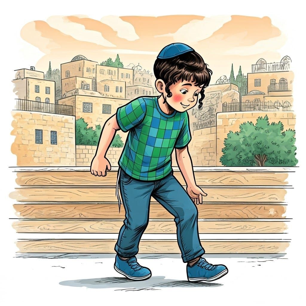 Jewish Boy Building a Sukkah: Colorful Comic Illustration