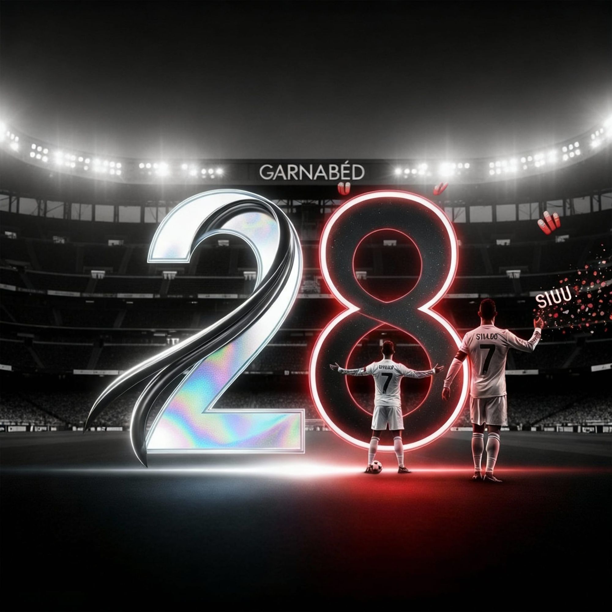 "The number '28' as the central focus, stylized with a sleek, futuristic, abstract design. The '2' a dynamic, flowing curve like a football'...