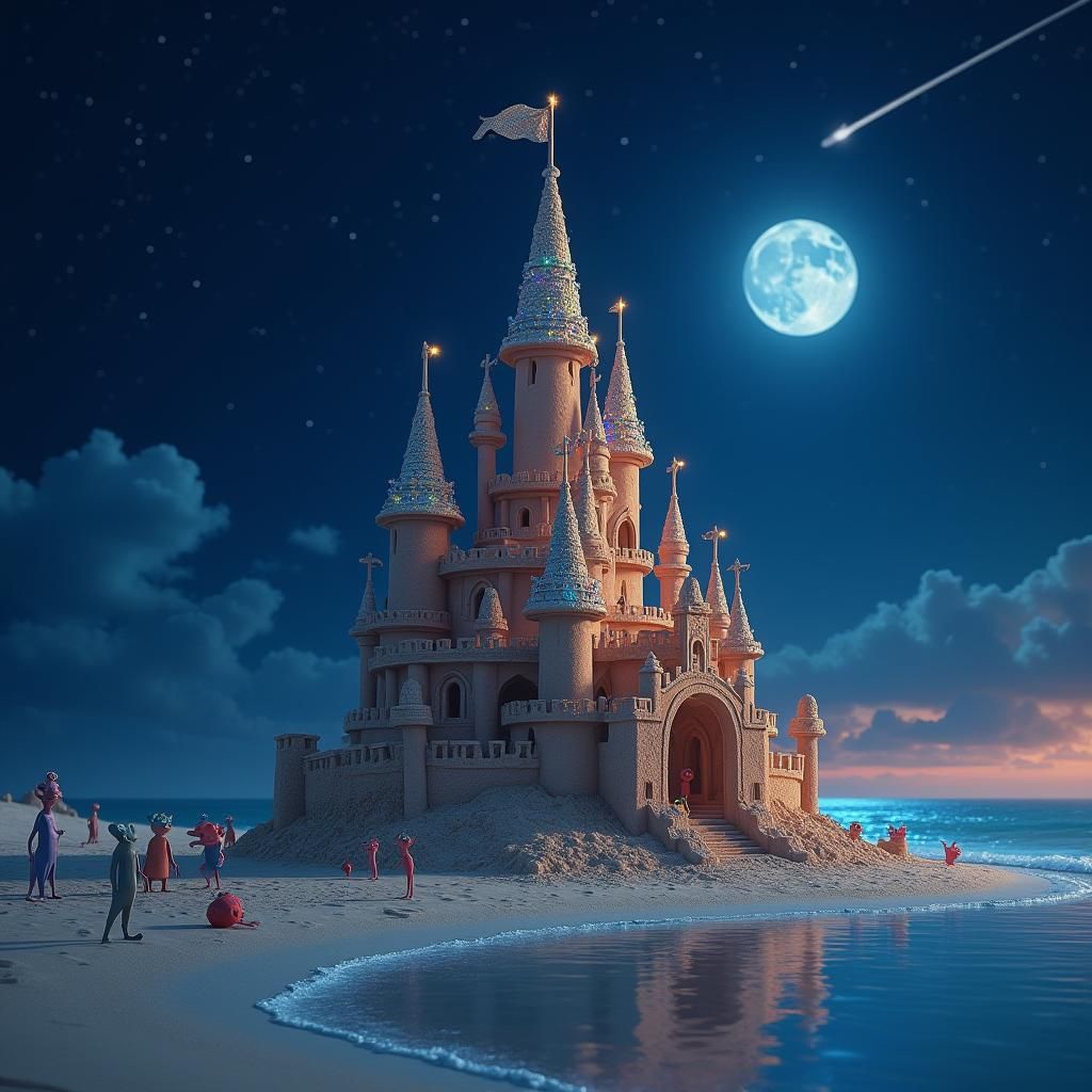 A very tall sandcastle visited by aliens 