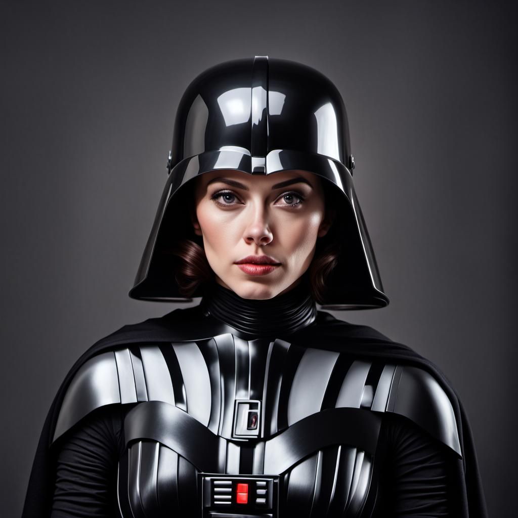 A realistic photo of a beautiful woman in darth vader outfit, head and ...