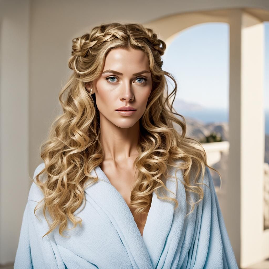 wearing a light blue robe