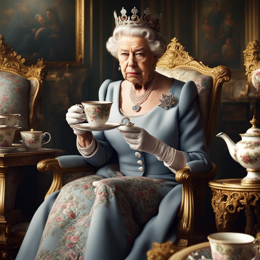 The Queen of England drinking tea, very detailed Epic cinematic ...