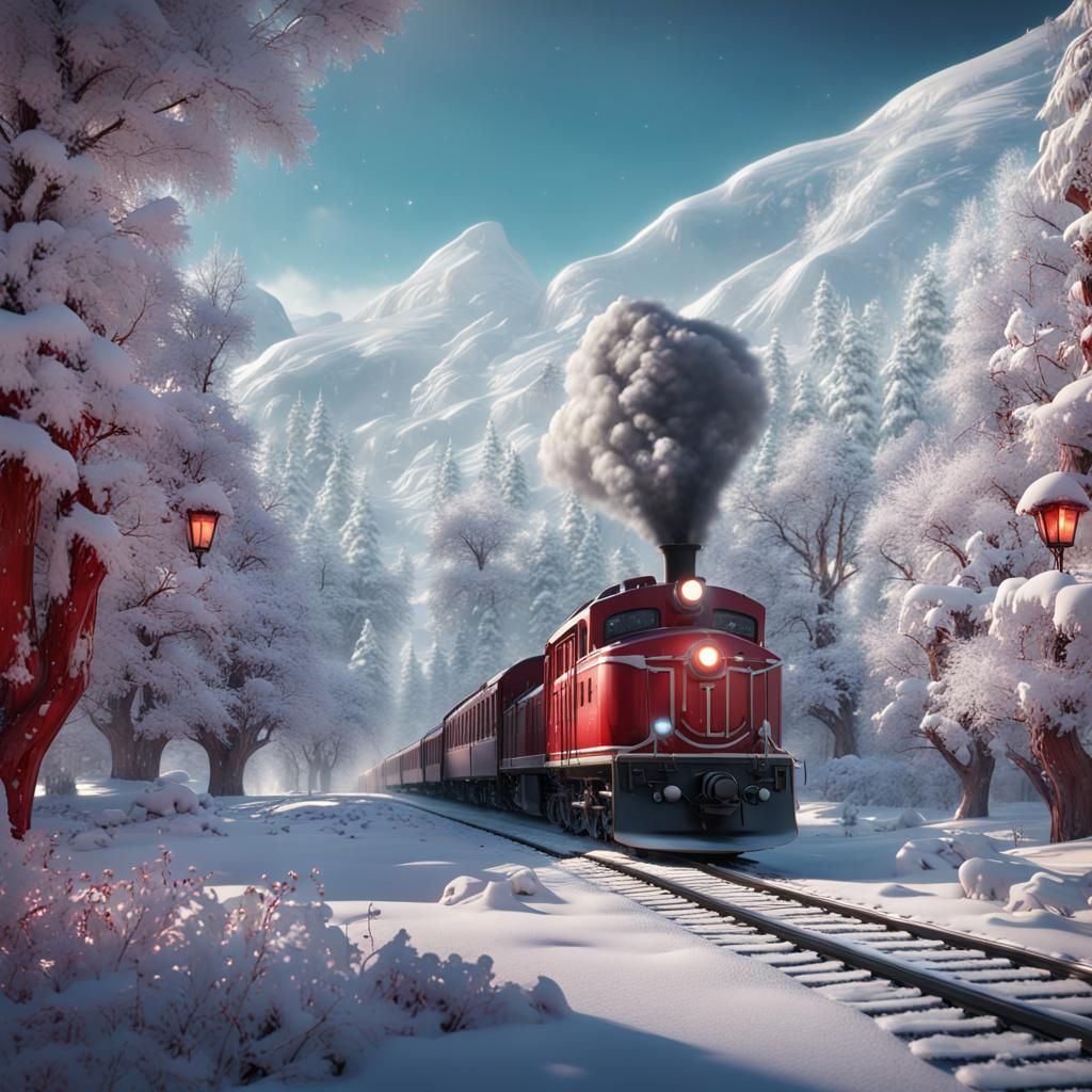 Train going through a winter wonderland. Snow, candy, red and greens.  by @Melon