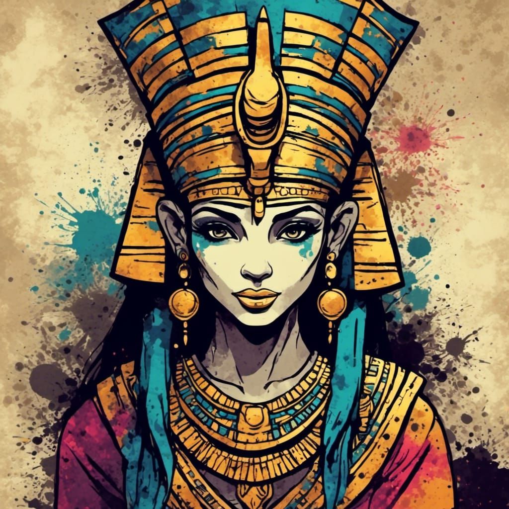 a cute Pharoah Girl Colored-Ink Blotch style art<lora:Blotched Ink:1.0> 