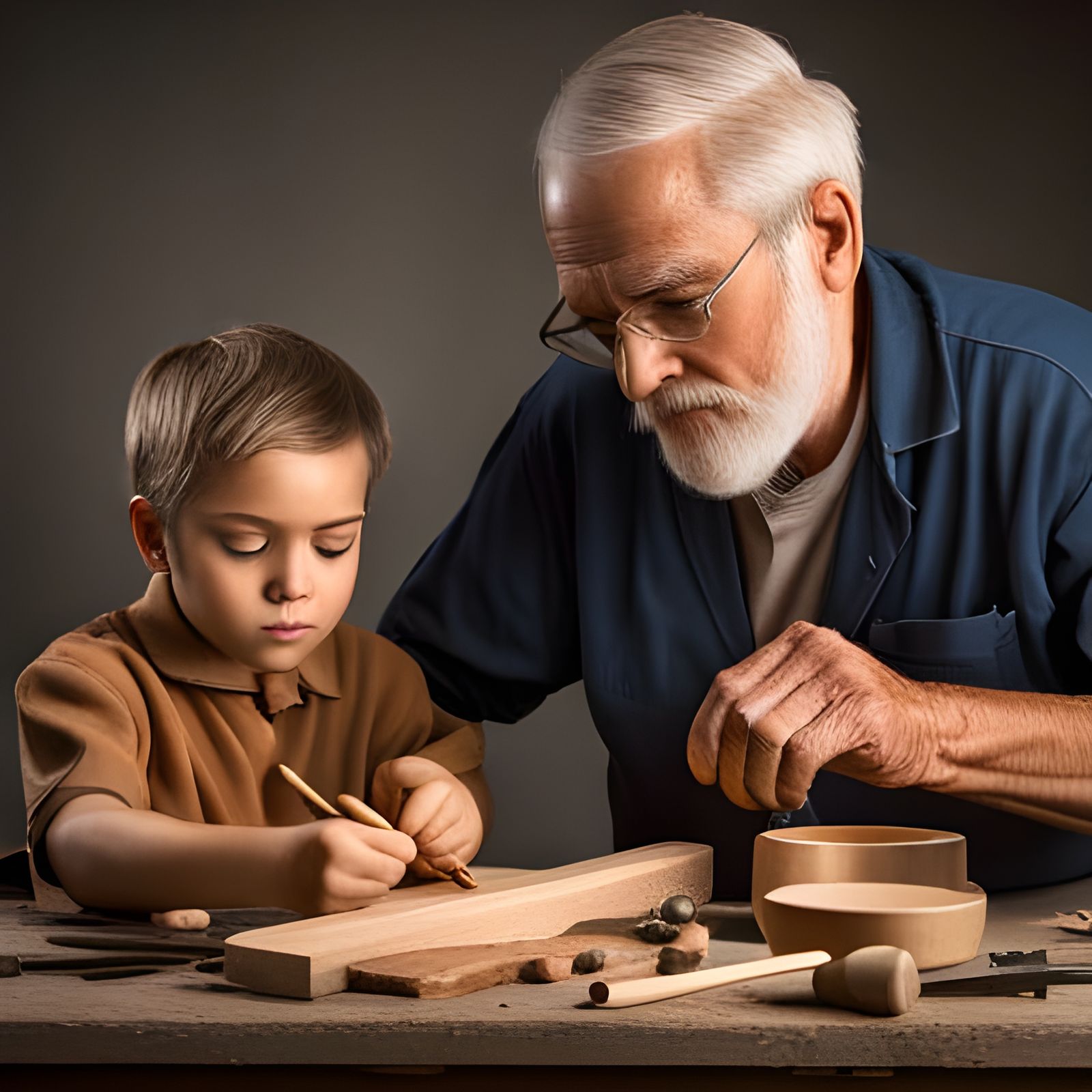 Grandpa teaching grandson woodworking  by @I am