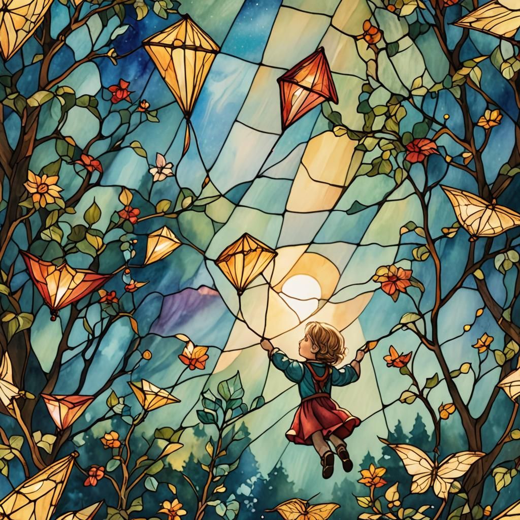 Stained glass watercolor of fairytale child flying a kite. Kites turn to butterflies and carry her away.  by @Namelesstoon