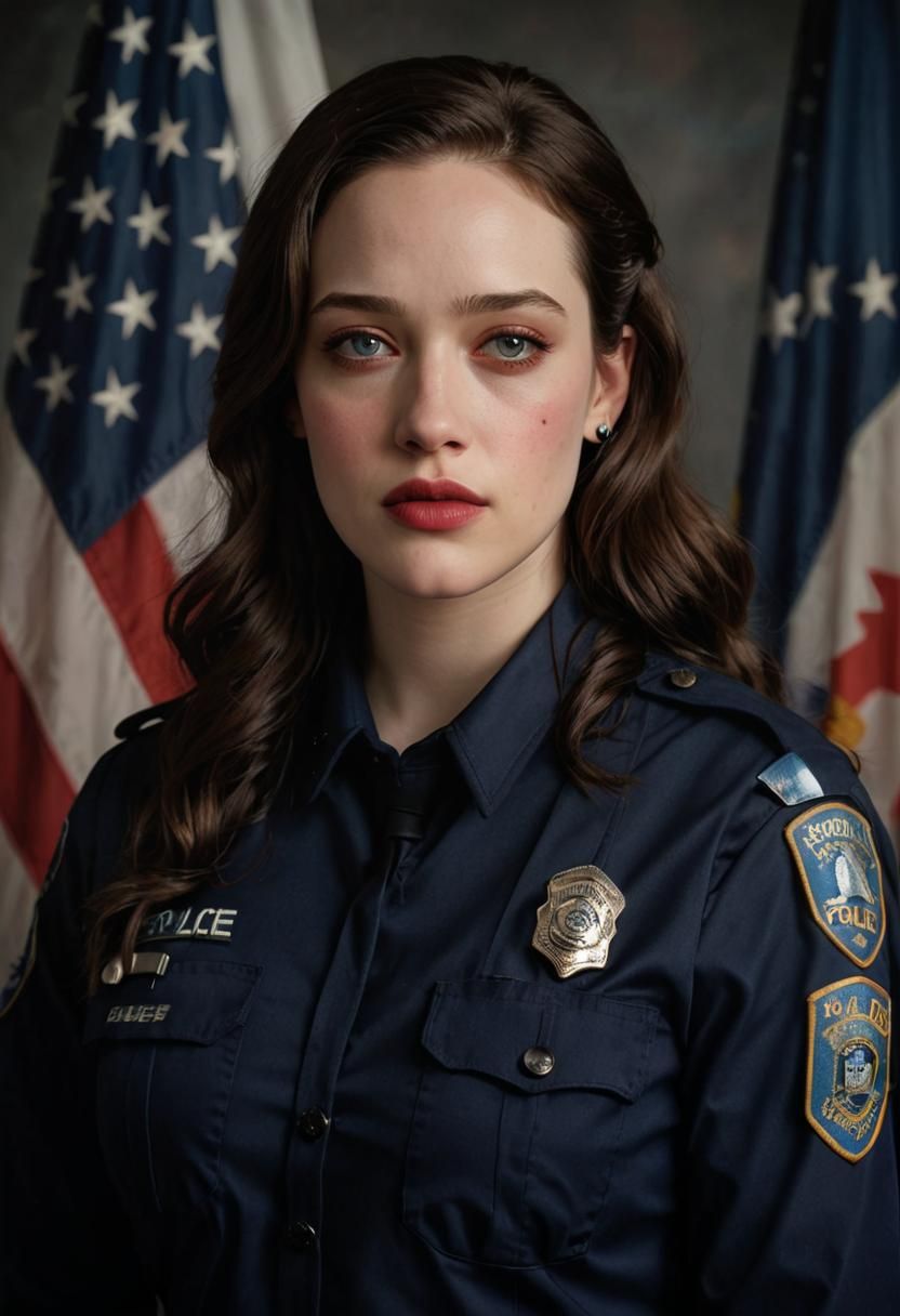 Phoebe Cates (detailed facial features, confident expression), woman in a (varsity jacket), standing in front of (flags, flag pole), looking...