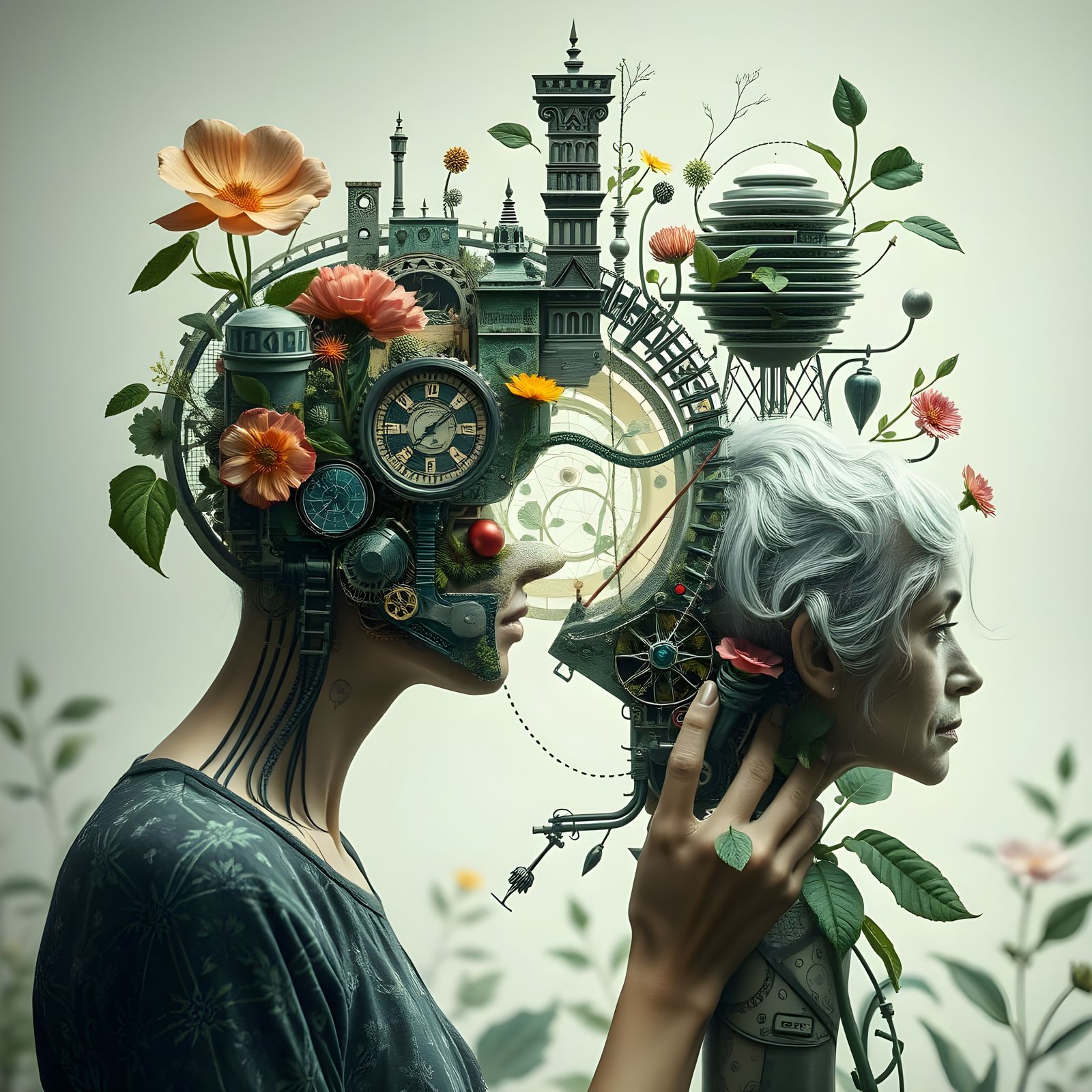 Botanical Mechanical Dreamscape with Elderly Woman