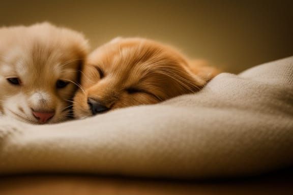 Golden retriever cuddling with a  Kitten, Professional photo...