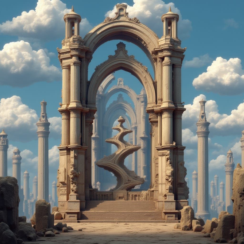 <lora:Reliquiarum:1.3> Gigantic classical architectural city floating in the sky, with intricate details and a fractal spiral cubist design...