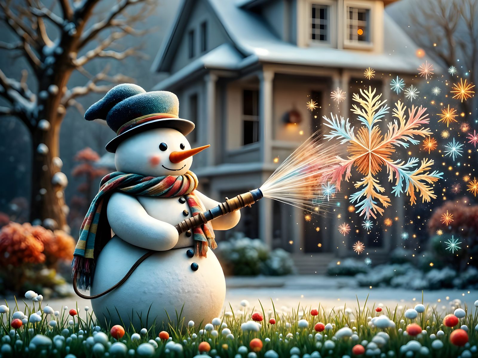 Snowman Waters Lawn with Iridescent Snowflakes
