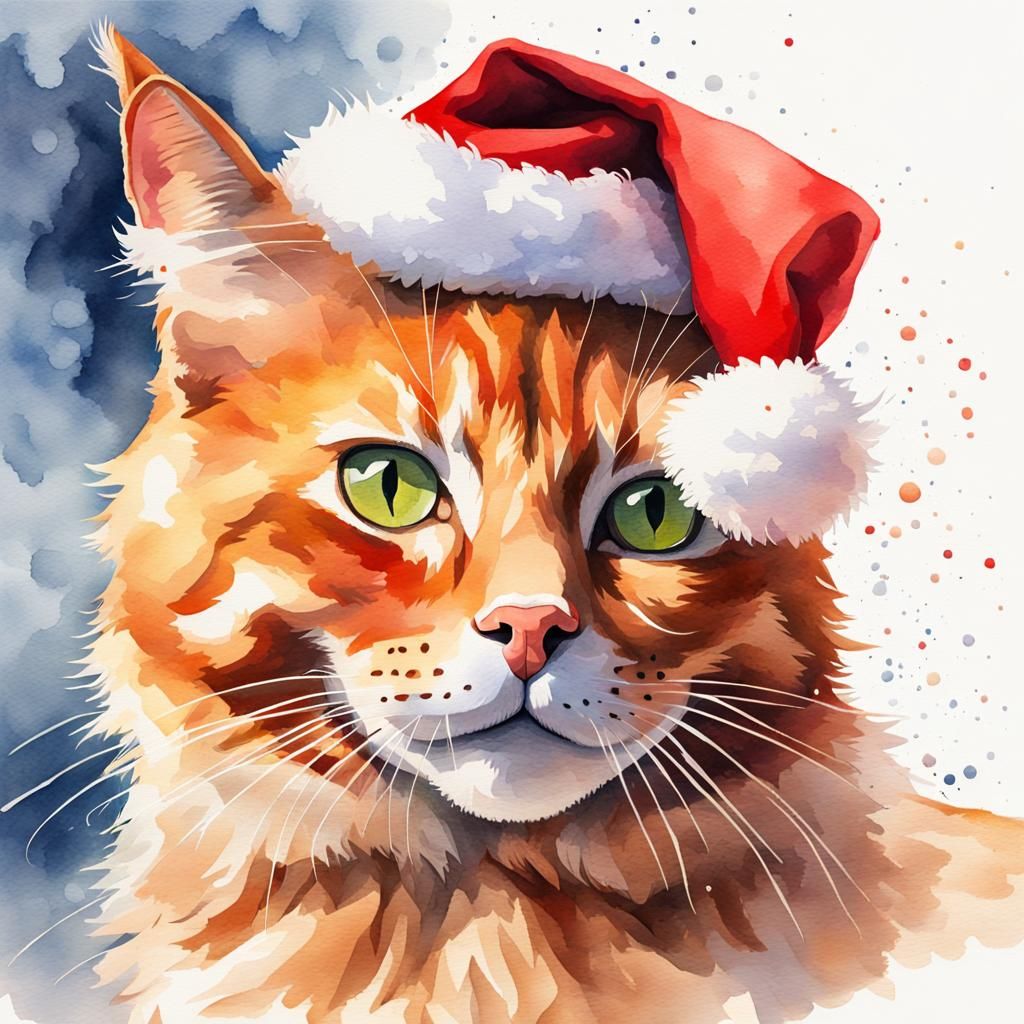 ginger cat in a santa claus hat, cute, watercolour - AI Generated ...