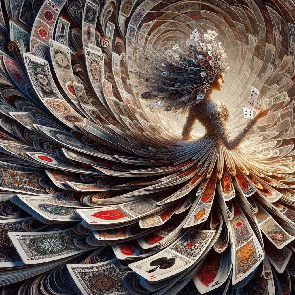 a woman in a dress made out of playing cards