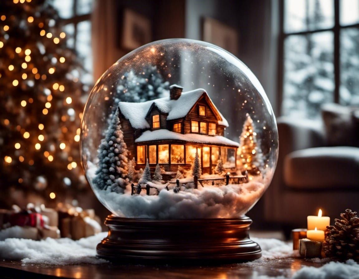Life inside a clear glass globe, Christmas tree, fire place,...
