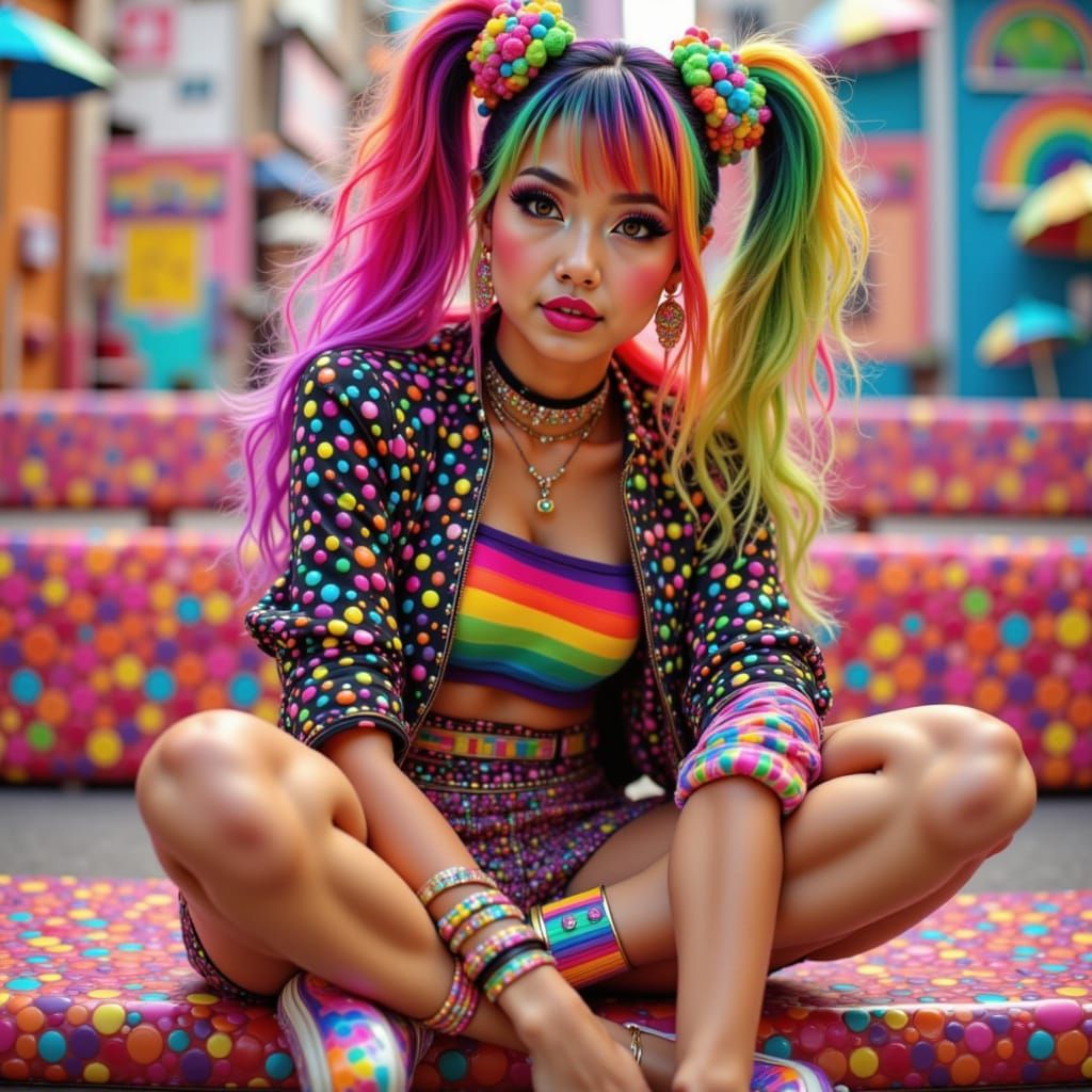 Polka dots checks and stripes-yikes!
 Asian with rainbow hair  Cute quirky gamer girl twenty something in an outfit with polka dots, checker...