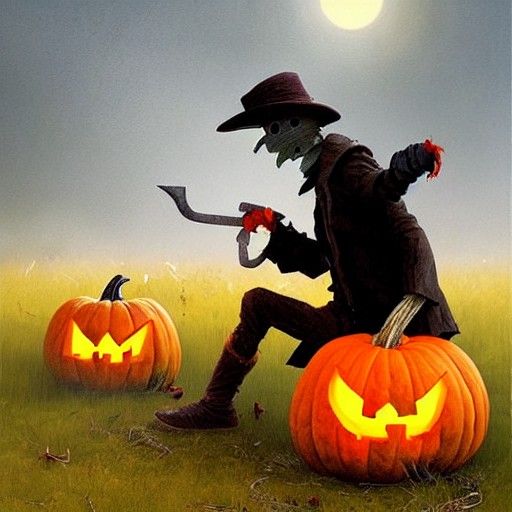 a scarecrow cuts a pumpkin(?)