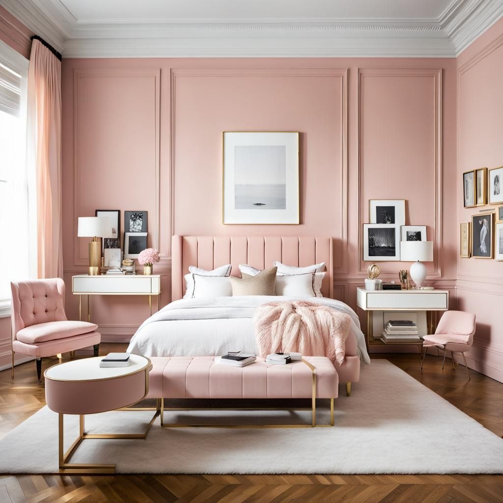 a rectangular room with pantone blush beauty colour painted walls with ...