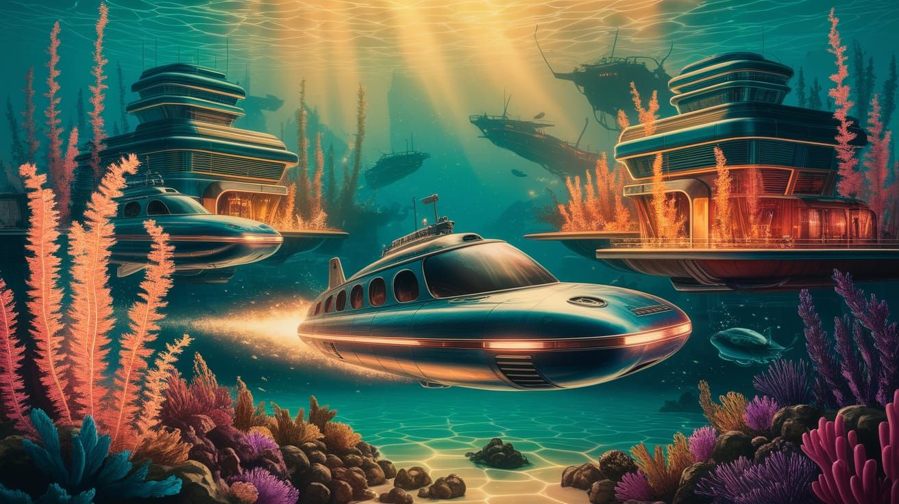 Retro Futuristic underwater city: mini subs and under sea flora: :  by @Derrell Mcclure