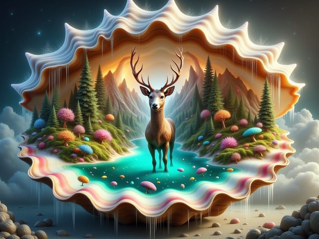 <lora:FiosFantasySeashells:1.0> Hyperdetailed fantasy art of giant open Scallop shell in a Floating magical kingdom in the sky. shell's surf...