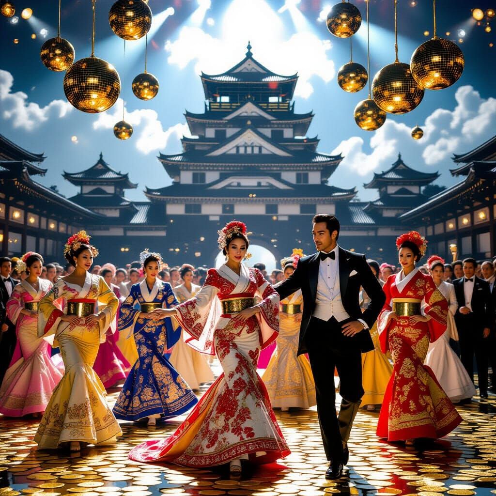 Dancers and Gentleman Celebrate at Japanese Castle