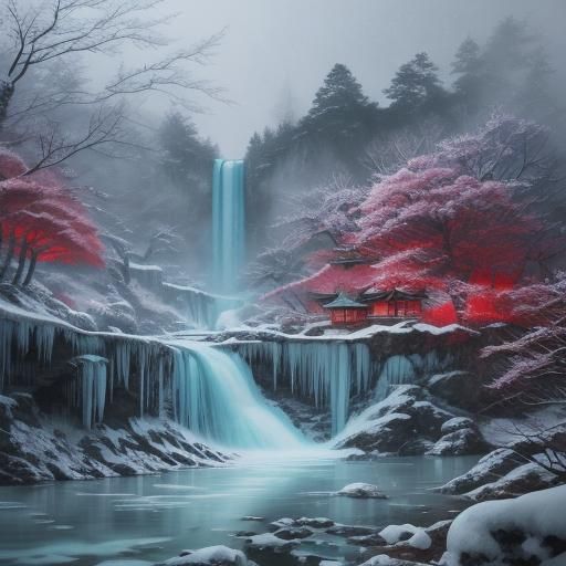 Icy Waterfall in Snowy Japanese Landscape as Watercolor