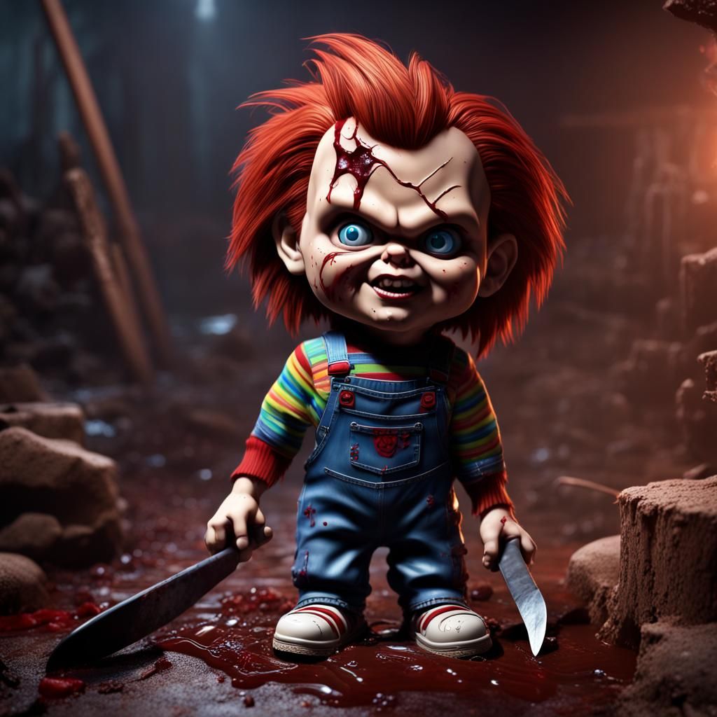 Chucky bobblehead with broken spring, crazy eyes, blood and ...