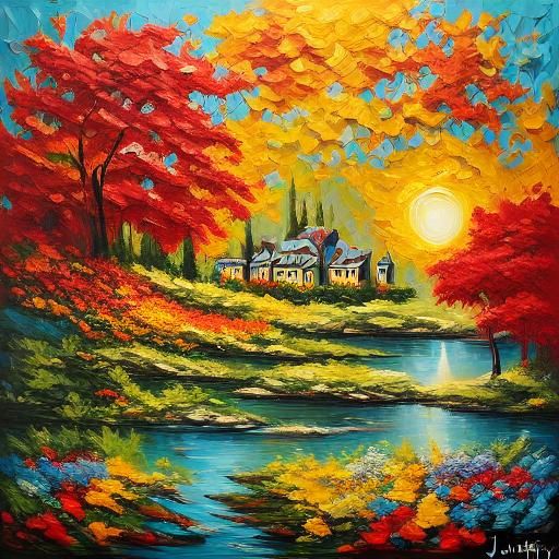 <lora:Impasto15:1.3>  village lake flowers trees sunny day bold color colorful vibrant 