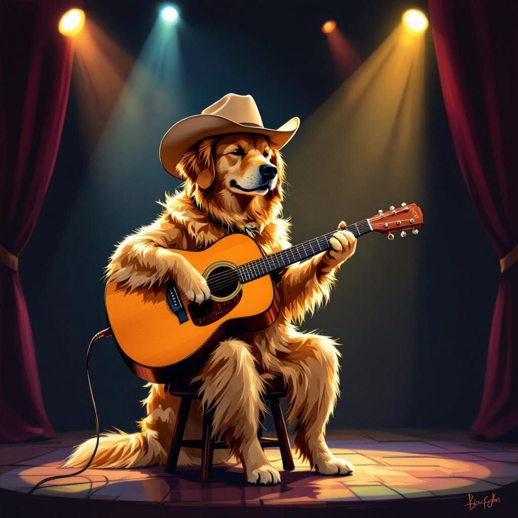 Golden Retriever Musician in Cowboy Hat on Stage