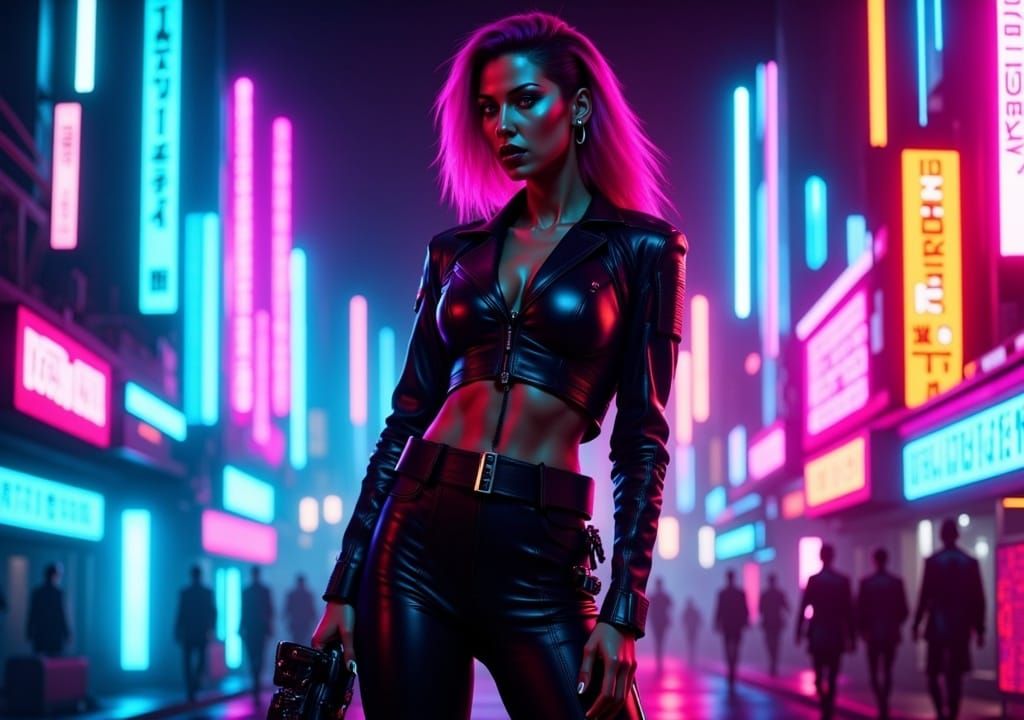 Beautiful cyberpunk woman in a cyberpunk city. Blade Eunner, Cyberpunk 2077, neon lights, neon colors <lora:Cyberneons:1.0> 