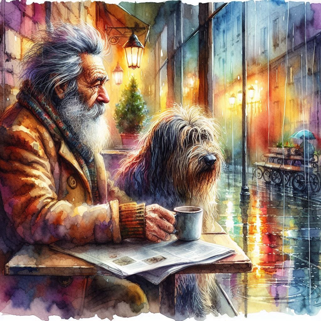 Old man & Dog in the rain