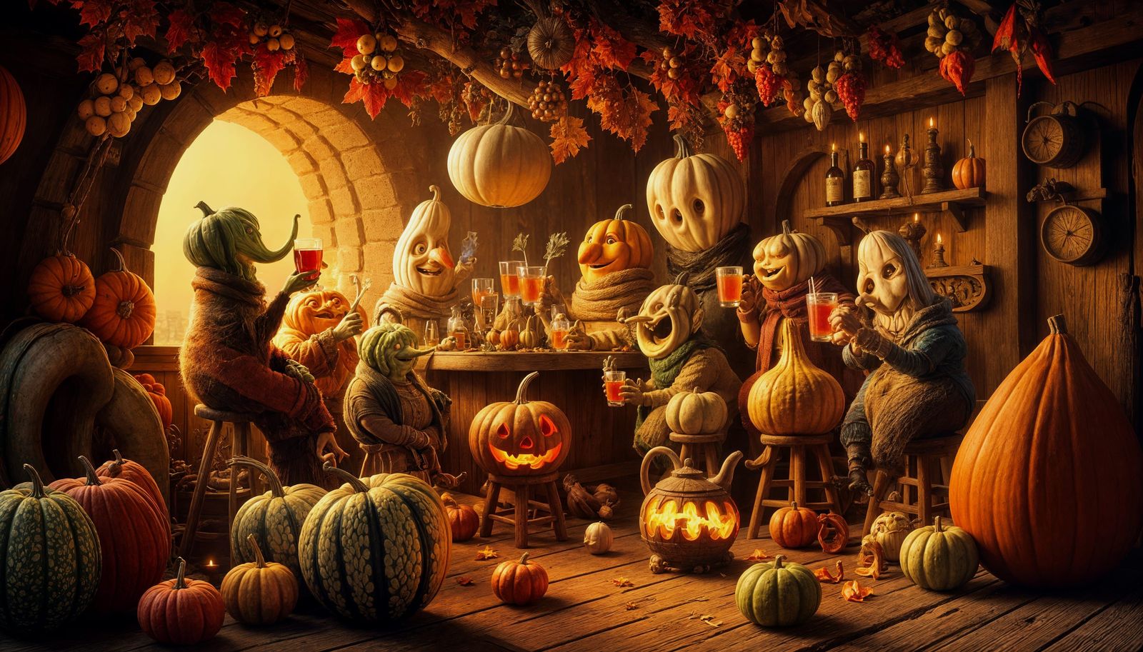 Whimsical gourds chatting in a bar drinking mulled wine